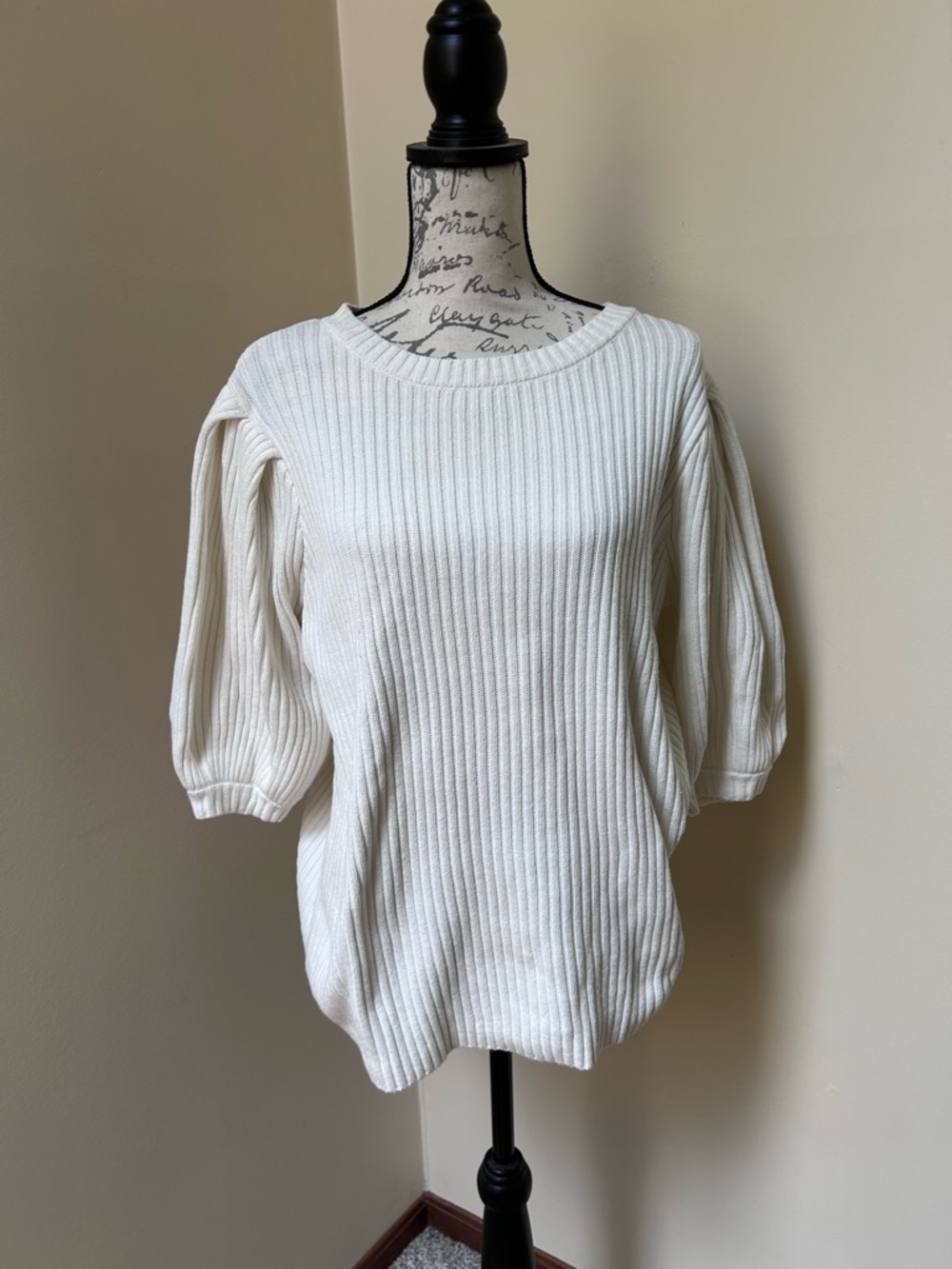 Eloquii Cream Ribbed Puff-Sleeve Crew Sweater